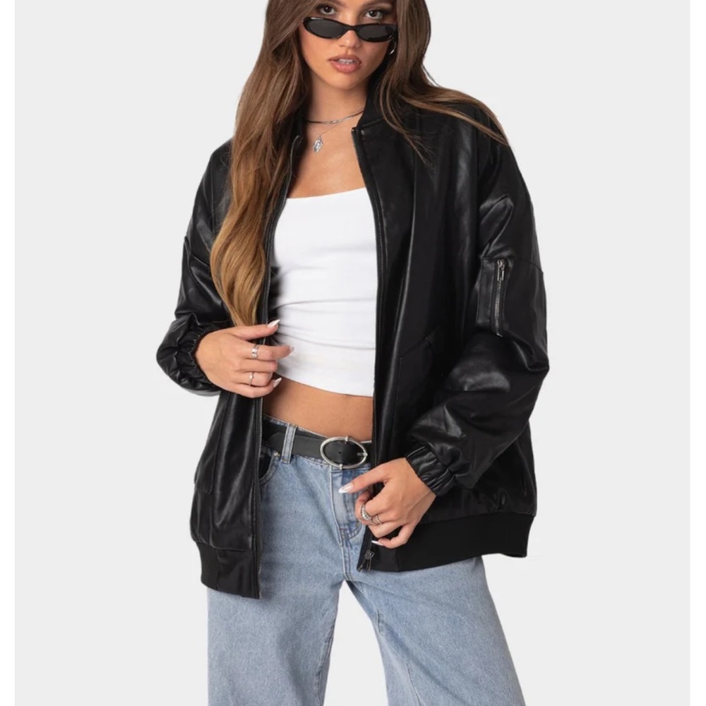 Edikted Black Bomber Jacket Faux Leather Oversized